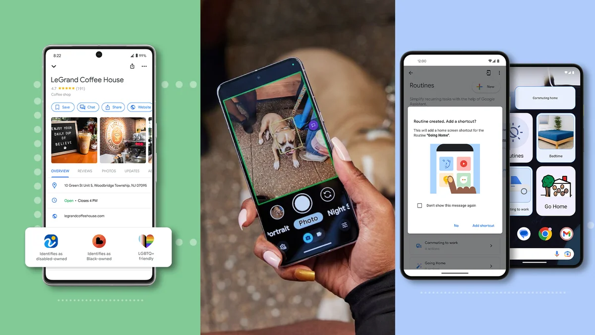 Four phone screens side by side show different Google accessibility features, including a disabled owned attribute, Guided Frame, and more accessible Assistant Routines