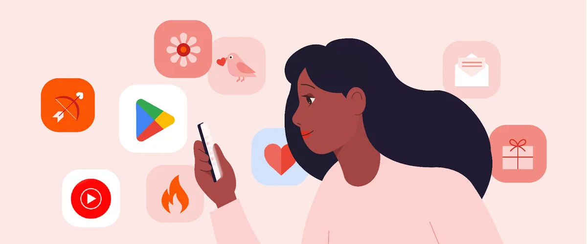 An illustration shows a woman looking at her phone while the Google Play logo and other Valentine’s Day-themed icons float in the background.