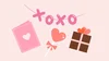 Illustration of a banner that says "xoxo" next to a lollipop, a wrapped gift, and a card with a heart on it.