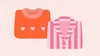 Illustration of a sweater with hearts on it and a pair of pajamas with pink and lighter pink stripes.