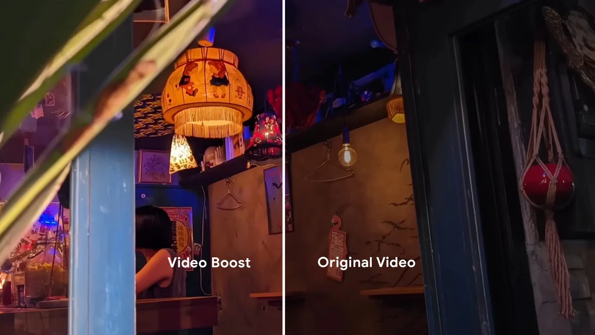 A photo of the inside of what looks like a bar. On half the image, you can clearly see a fringe lamp and a person sitting at a table. On the other half, the scene is dark. The brighter side says "Video Boost" - on the darker side, "Original Video."