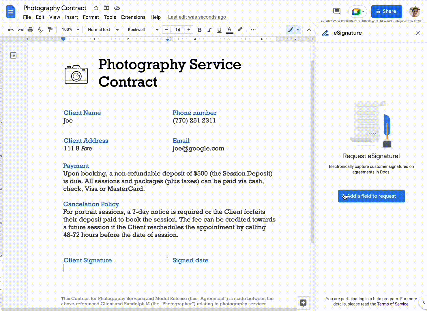 Animation of the process of inserting electronic signature fields in Google Docs