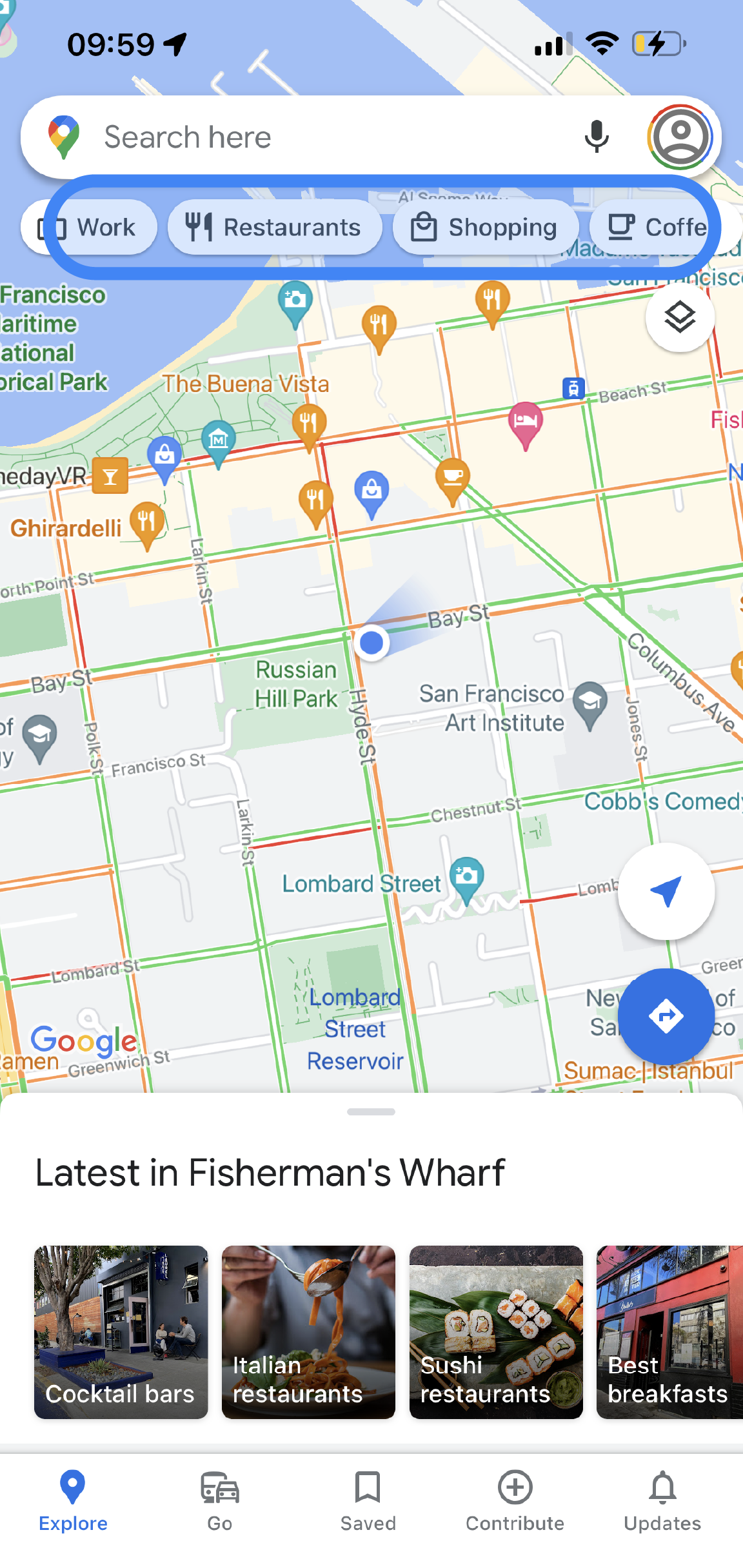 The Google Maps app displays a map of an area. There are tabs under the search bar that read "Work," "Restaurants," "Coffee," and "Parking."