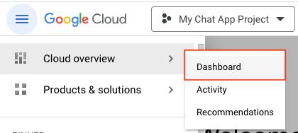 Google Cloud project Dashboard in drop-down