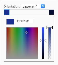 The gradient control displays the selected hex color #183295ff and the diagonal option selected from the Orientation drop-down menu. 