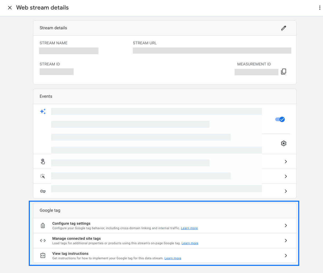 Screenshot of the Google Analytics 4 data stream settings. The Google tag settings are located in the data stream settings
