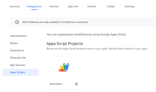 View Apps Script projects in your account on the Integrations > Apps Script pane