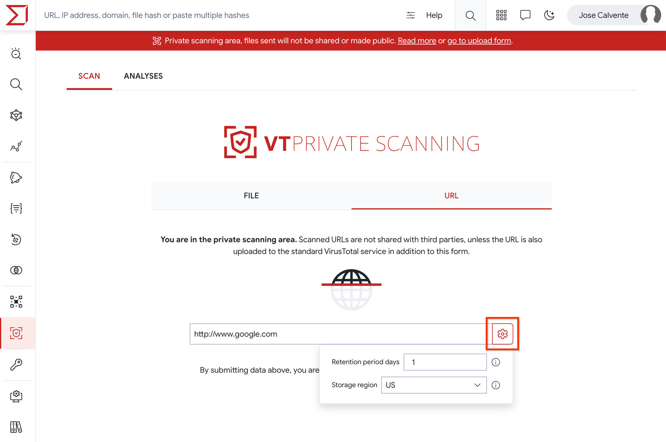 Private Scanning URL options