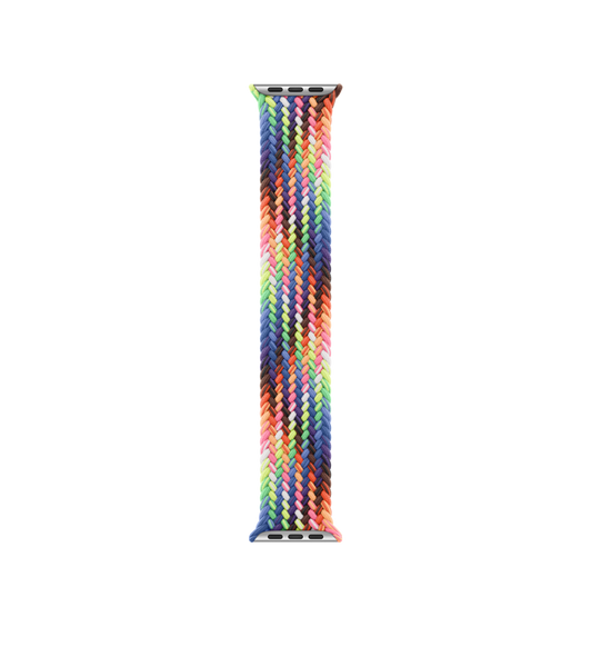 Cinturino Solo Loop intrecciato Pride Edition, fili intrecciati in una gamma di colori fluo ispirati alla vivace bandiera arcobaleno, senza fibbie né chiusure