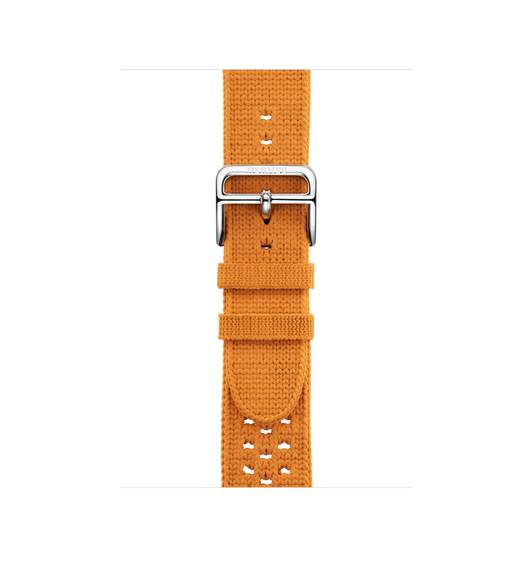 Bracelet Tricot simple tour orange, tissu et boucle en acier inoxydable argent.