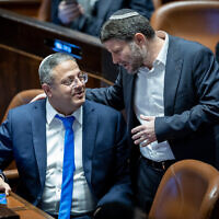 Far-right leaders Itamar Ben Gvir (2-R) and Bezalel Smotrich at the Knesset on December 29, 2022. (Yonatan Sindel/Flash90)