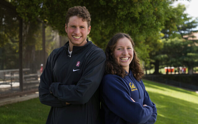 Siblings Ron and Leah Polonsky are photographed, Saturday, April 6, 2024, in Stanford, Calif. Ron swims for Stanford. Leah competes at rival California, in nearby Berkeley. (AP Photo/Godofredo A. Vásquez)