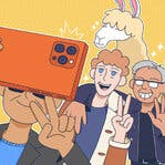 An illustration of a person holding a phone up to take a selfie with two other people in the background. The two people appear to be Mark Zuckerberg and Jensen Huang.