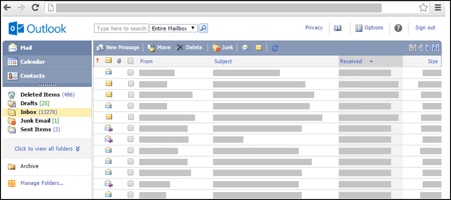 A screenshot of the inbox in Outlook Web App Light
